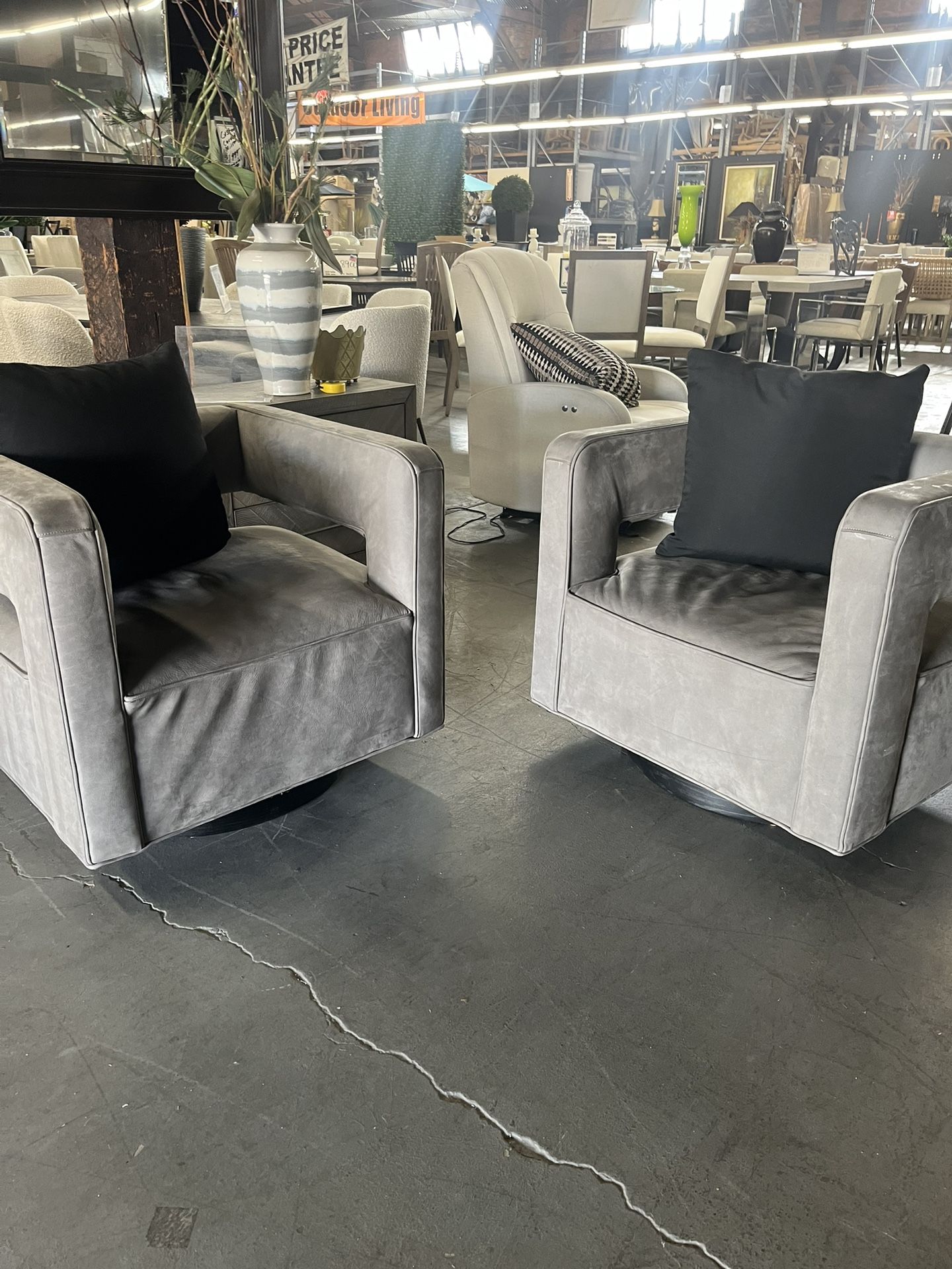 Two  RH Swivel Accent Chairs Italian Suede 