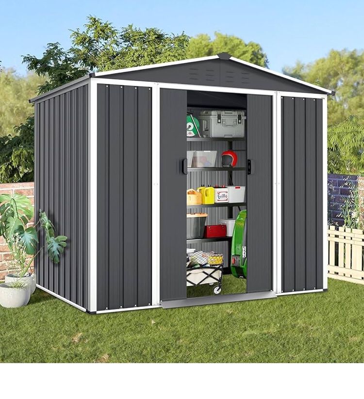 Outdoor Garden Storage Shed 6' × 8' Garden Tool House with Double Sliding Doors, Steel Anti-Corrosion Storage House forYard Lawn