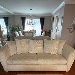 Living Room Couch With Pillows Beige and Cream Colored Excellent Condition