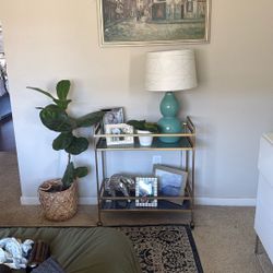 Brass Cart With Mirror Shelves On Wheels