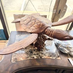 New Large Carved Mahogany Turtle On Base