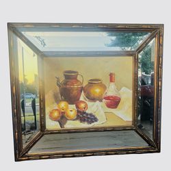 Vintage Original Oil Painting Still Life Fruit Food Wine Beveled Mirror Framed