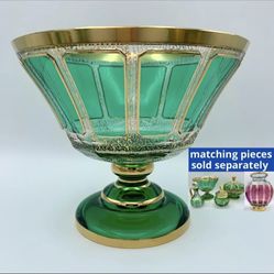 Bohemian Moser Cabochon Footed Bowl 8” Emerald Green Panels Crystal with 24K Gold Trim ANTIQUE