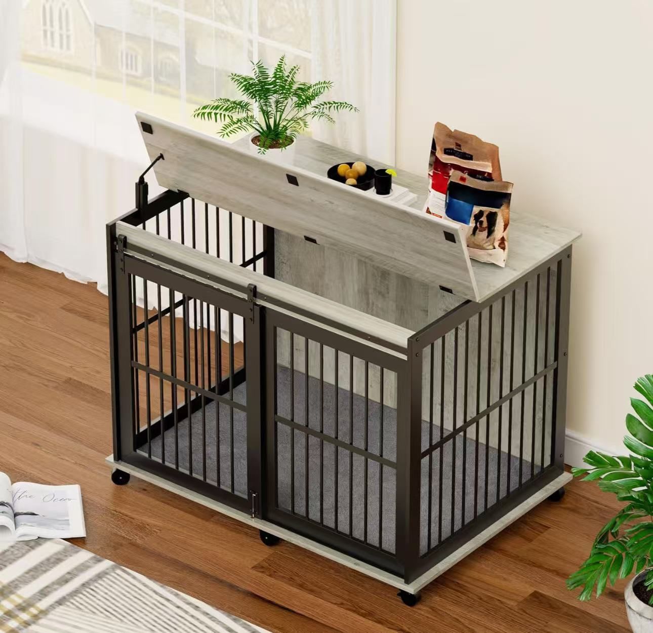 Dog Crate Furniture with Mat, 43.7" Side End Table Wood Dog Cage