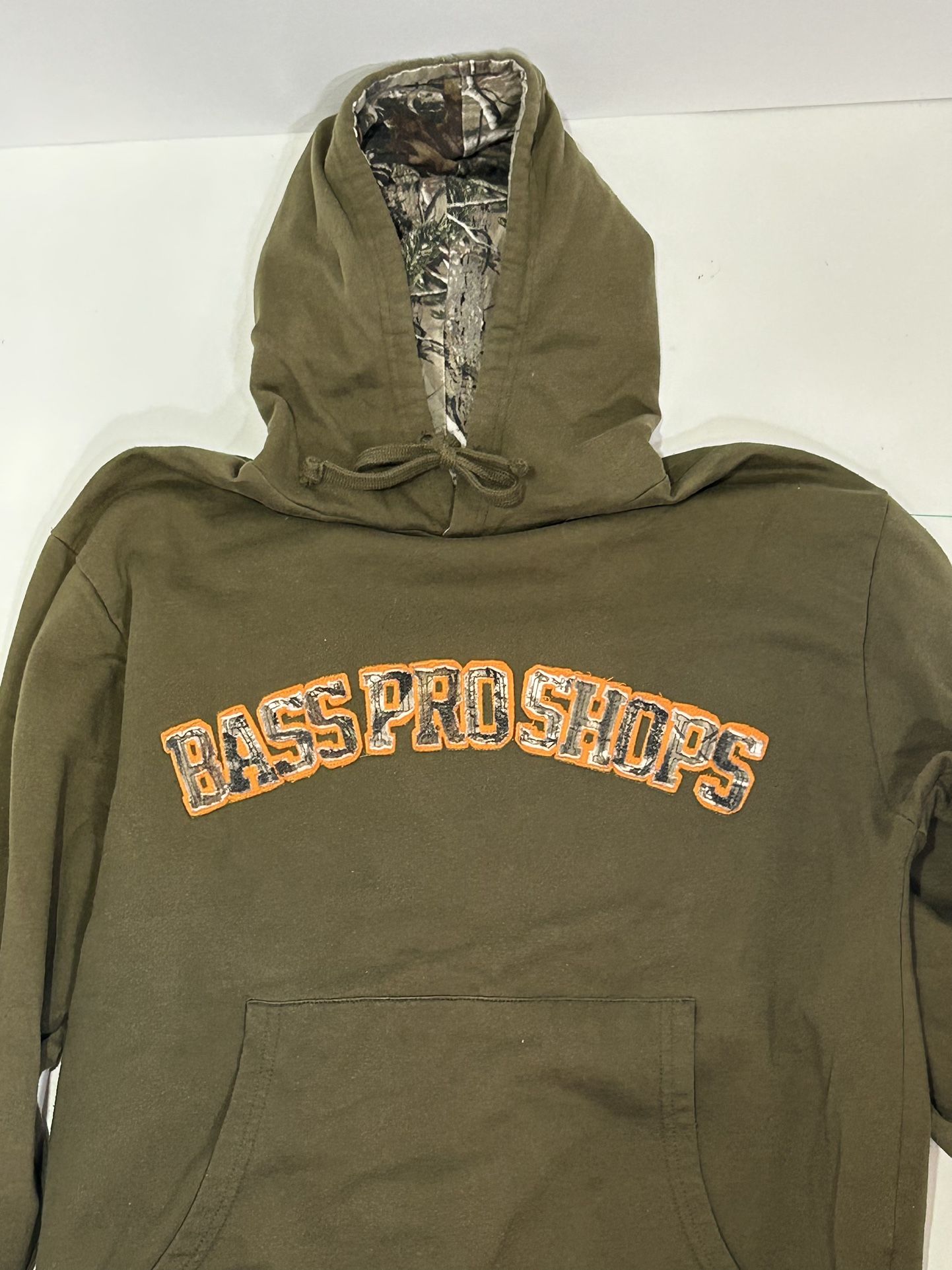 Vintage Patched Camo and Orange Bass Pro Shops Medium Hoodie
