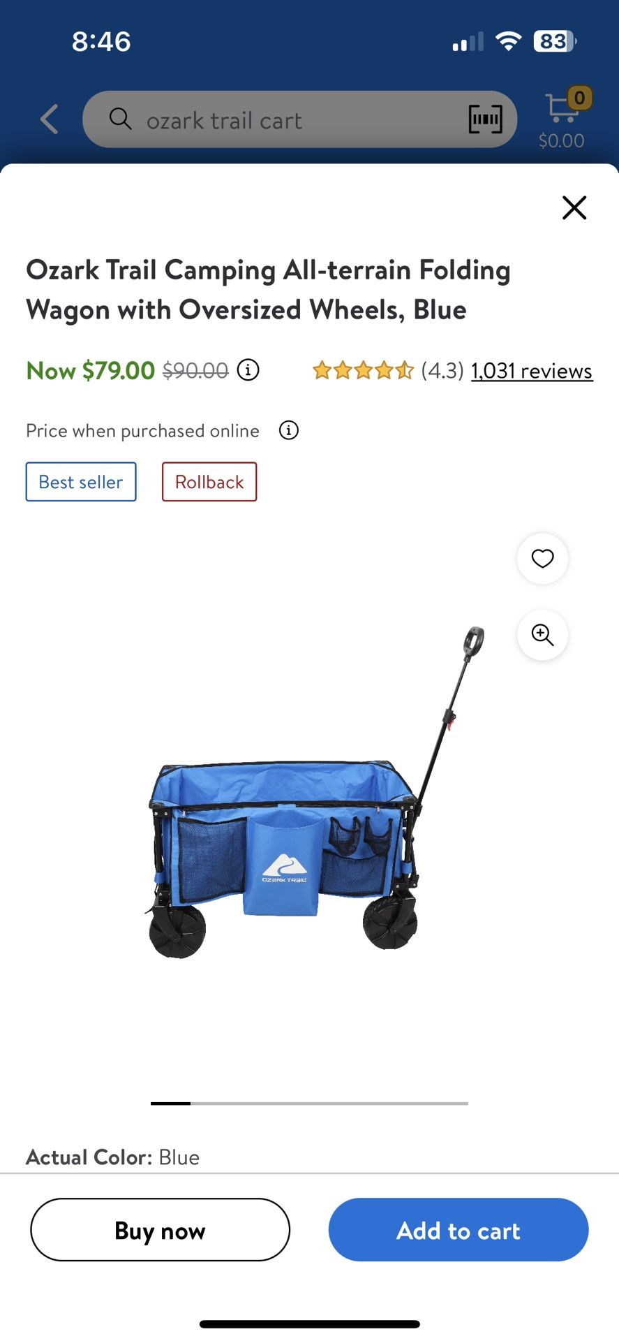 Ozark Trail Camping All-terrain Folding Wagon with Oversized Wheels, Blue