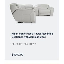 Milan Fog 5 Piece Power Reclining Sectional with Armless Chair