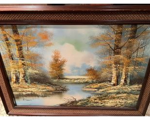 Signed Oil Painting Autumn Landscape with River