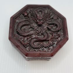 Chinese Cinnabar Style Dragon Carved Red Lacquer Trinket Jewelry Box Octagonal