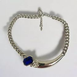 Vintage 90s PARK LANE Silver Tone Blue Rhinestone  Collar Chain/Choker Necklace 