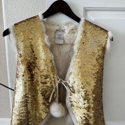 American Retro Paris- Vintage Gold Sequin and Rabbit Fur Vest
