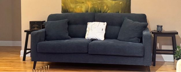 Navy Blue Fabric Sofa with Wood Legs