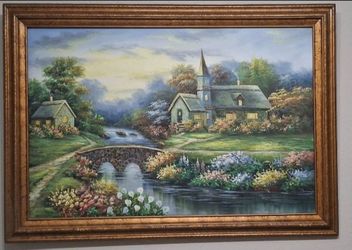 Large Ornate Gold Framed Wall Art (42" x 30") - Cottage Landscape
Price: $75