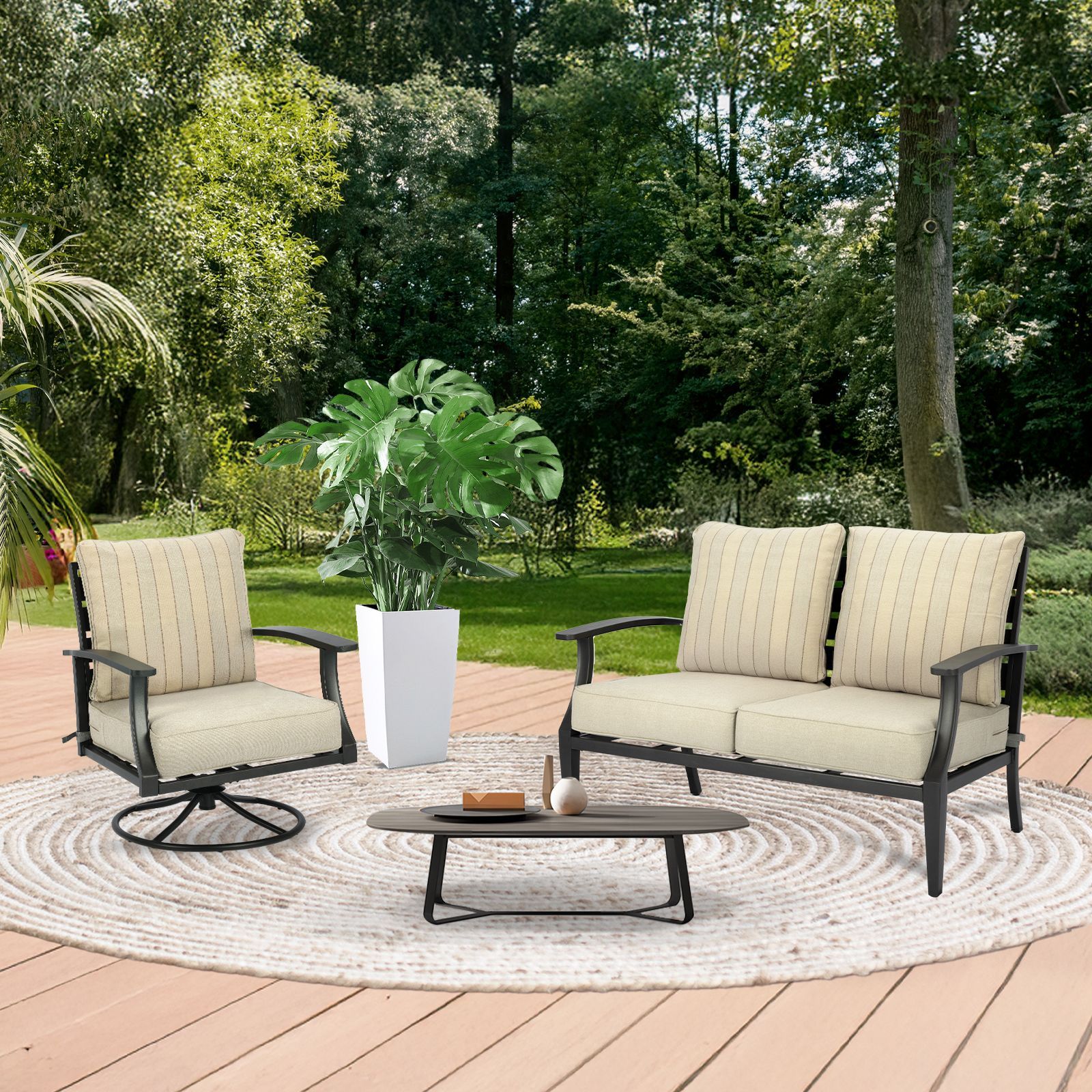 Patio Deep Chair Cushion, 2 Back 2 Seater 2 Pillow, Khaki Stripe