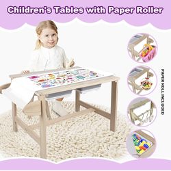 Multifunctional Children Interactive Activity Wooden Table Set for 1-3 Years, Drawing Table Play Sand & Water with Storage Bins Lid