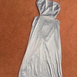 New medium light blue satin long y2k spaghetti strap dress cocktail Evening cut