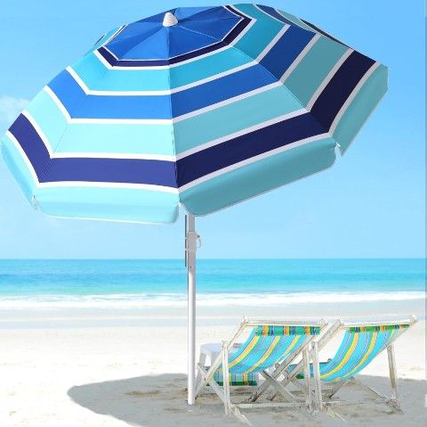 Beach Umbrella - 6.56FT Arc Length, 5.9FT Diameter Beach Umbrellas for Sand Heavy Duty Wind Portable with Air Vents, Adjustable Tilting Pole with 8 Ri