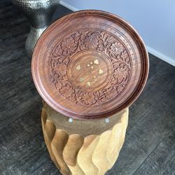 Carved Wood Decorative Plate With Brass Metal Inlays