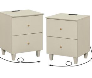 Set of 2 Nightstands with Charging Station&2 Drawers Storage, Modern End Tables Mid-Century Wood Bedside Tables with 2 AC Outlets & USB Ports for Livi