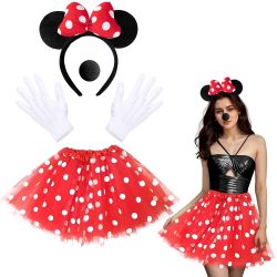4PCS Mouse Costume Accessories, Mouse Costume Adult Women Girls Mouse Costume Kit Red Polka Dot Tutu Mouse Ears Headband Nose for Halloween