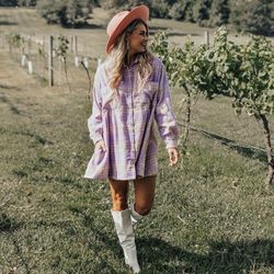 VICTORIAS SECRET Pastel Pink Purple Plaid Flannel Button Up Long Sleeve Top