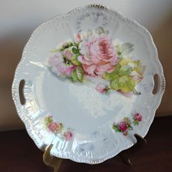 Vtg Handpainted Porcelain Pink Roses Serving Plate w/ Handles Bavaria Germany