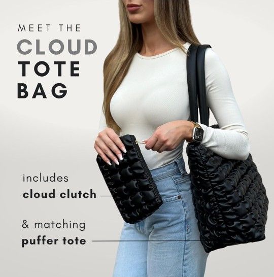New, 2 PCS Set. THE CLOUD TOTE BAG, fashionable puffer tote bag with an insert puffer bag is cute, functional, modern, large quilted tote.