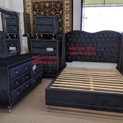 Delivery Setup Service Available High Quality Queen Size Black Velvet 4 PC Queen Bed Dresser Mirror  Nightstand Special