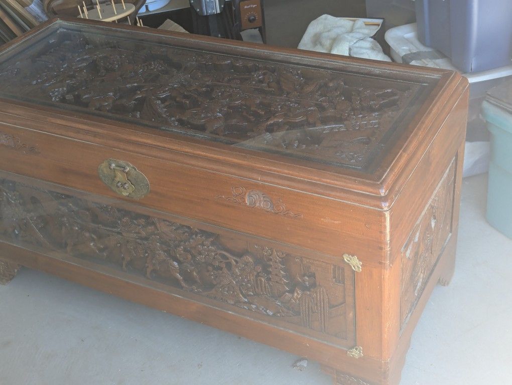Vintage Camphor Chest Hand Carved Top Front Glass Top Front Very Nice Great Cond