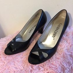 Sam & Libby black leather peep toe pumps. size 9M women’s