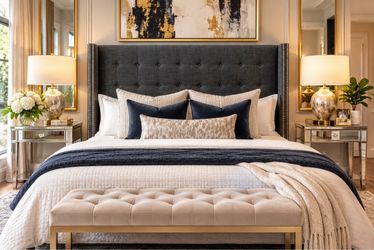 Luxury King Headboard – Charcoal Gray Tufted Wingback with Nailhead Trim