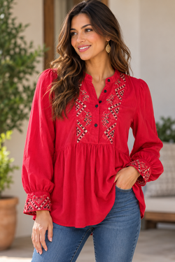 Knox Rose Red Embroidered Boho Tunic Blouse – Women's Large (L)