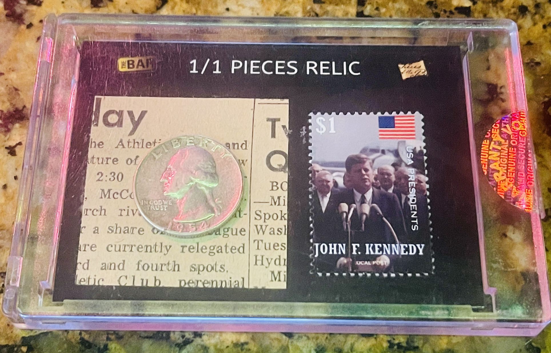 PRESIDENT KENNEDY 1/1 1961 SILVER QUARTER / STAMP / RELIC  2020 THE BAR CARD