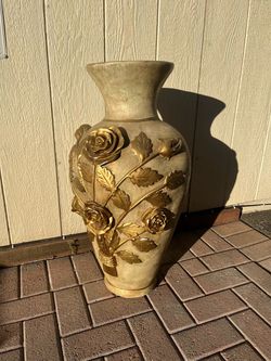 Large Ceramic Vase with Gold Rose Relief