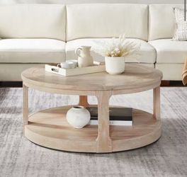 Corentine 40 in. Oak Round Shape Wood Top Coffee Table, Rounded Table with Wheels