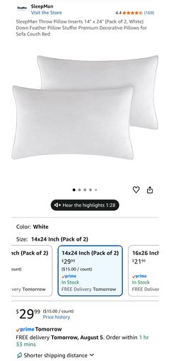 Sleep men throw pillow inserts 14 x 24- 2 pack