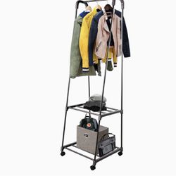 NWT Rolling Clothing Rack - Black Garment Rack with 2 Tier Storage Shelves 