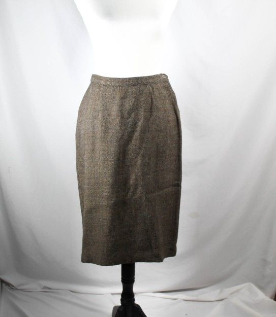 Vintage Late 1950s-1960s Wool Skirt - Tan-Gray with Brown & Blue Flecks - Secretary/Dark Academia Style