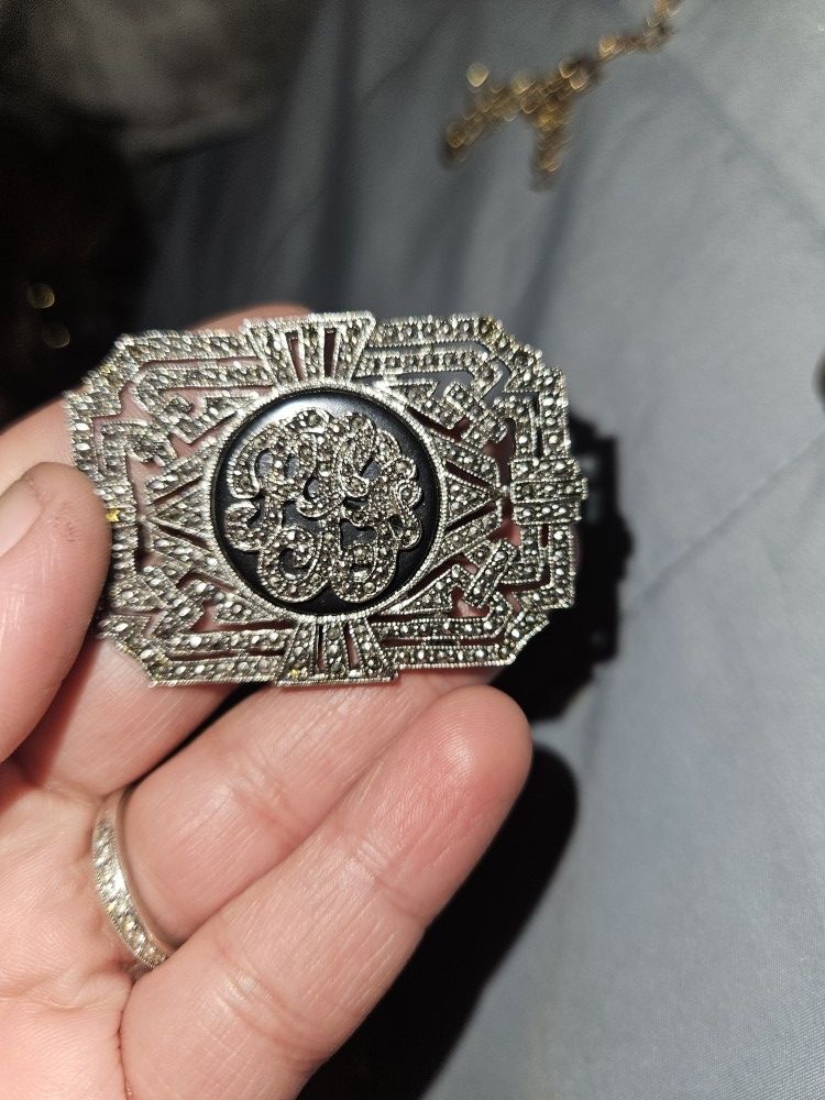 Vintage Brooch Marcasite/Black Onyx/Sterling