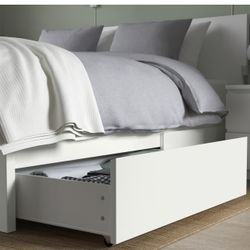 Ikea MALM high bed frame/4 storage boxes Queen white/Luröy