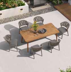 PURPLE LEAF Outdoor Dining Set for 6 with Built-in Cushions PE Rattan Grey Aluminum Frame, No Fading, Precision Welds, Perfect Balance, Soft & Support