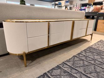 Reduced- Modern Oval TV Stand White Top With Drawers and gold handles