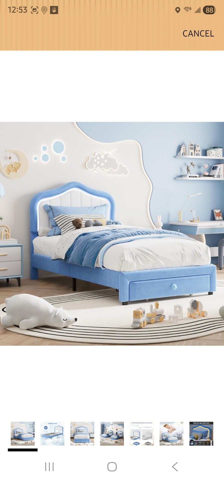 GarveeHome Upholstered Full Size Bed Frame with Led Lights and Storage Drawer, Cute Velvet Led Bed Frame with Headboard for Kids, Girls, Boys, No Box