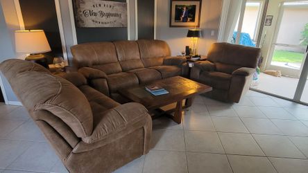 Brown Reclining Sofa Set - Couch, Loveseat, Recliner, Coffee Table & End Tables