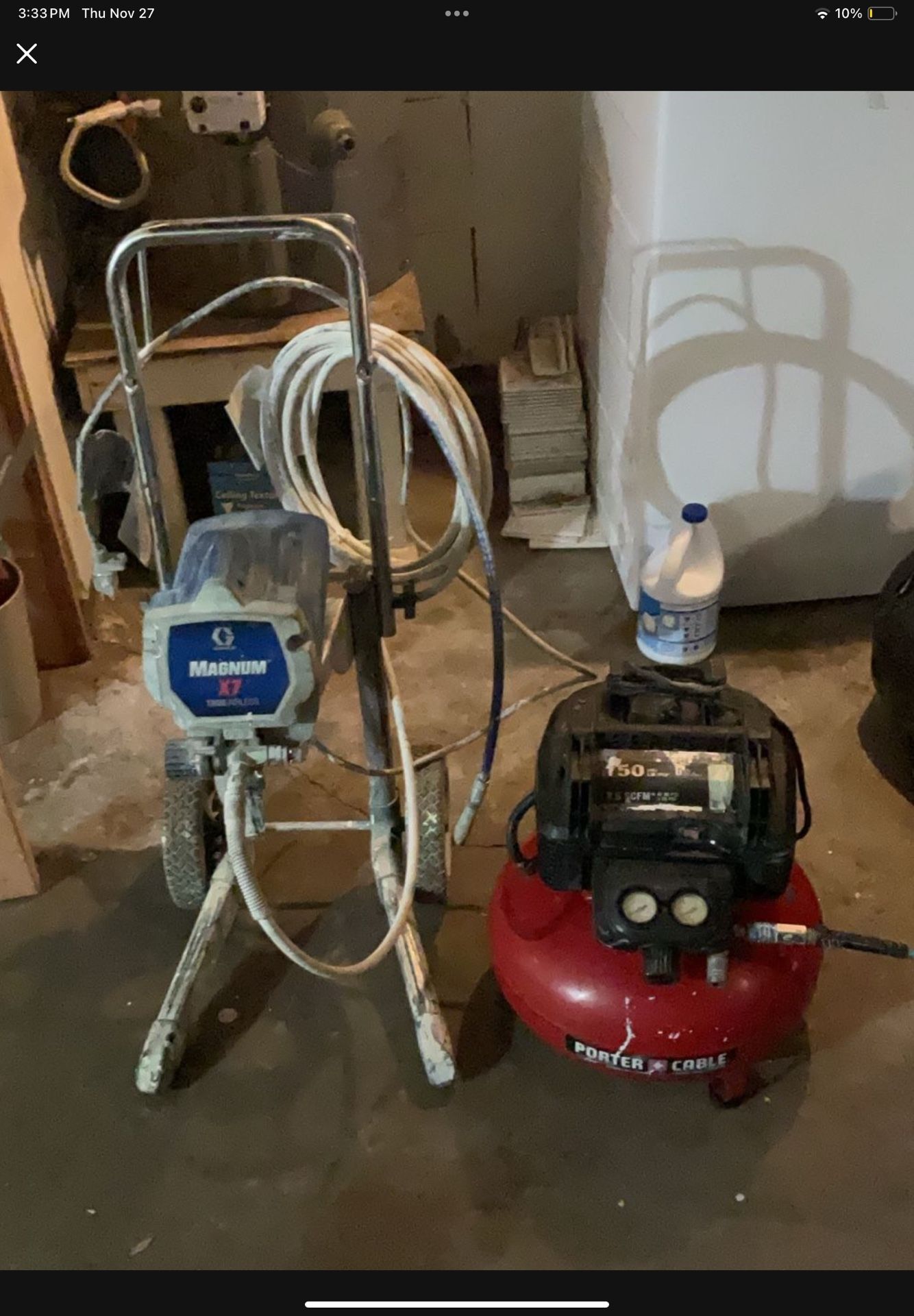 Graco Magnum X7  Trueairless  Paint Sprayer. And Hose.  And A. Porter Cable.Air compressor 