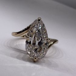 3.37 Carat E VS1 Pear Antique Cut Diamond Engagement Ring Bypass Ring