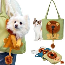 Pet Canvas Shoulder Bag,Cute Lion-Shaped Shoulder Bag Portable Pet Soft-Sided Carrying Chest Bag For Small Dogs And Cats Pet Supplies (Small, Green) S