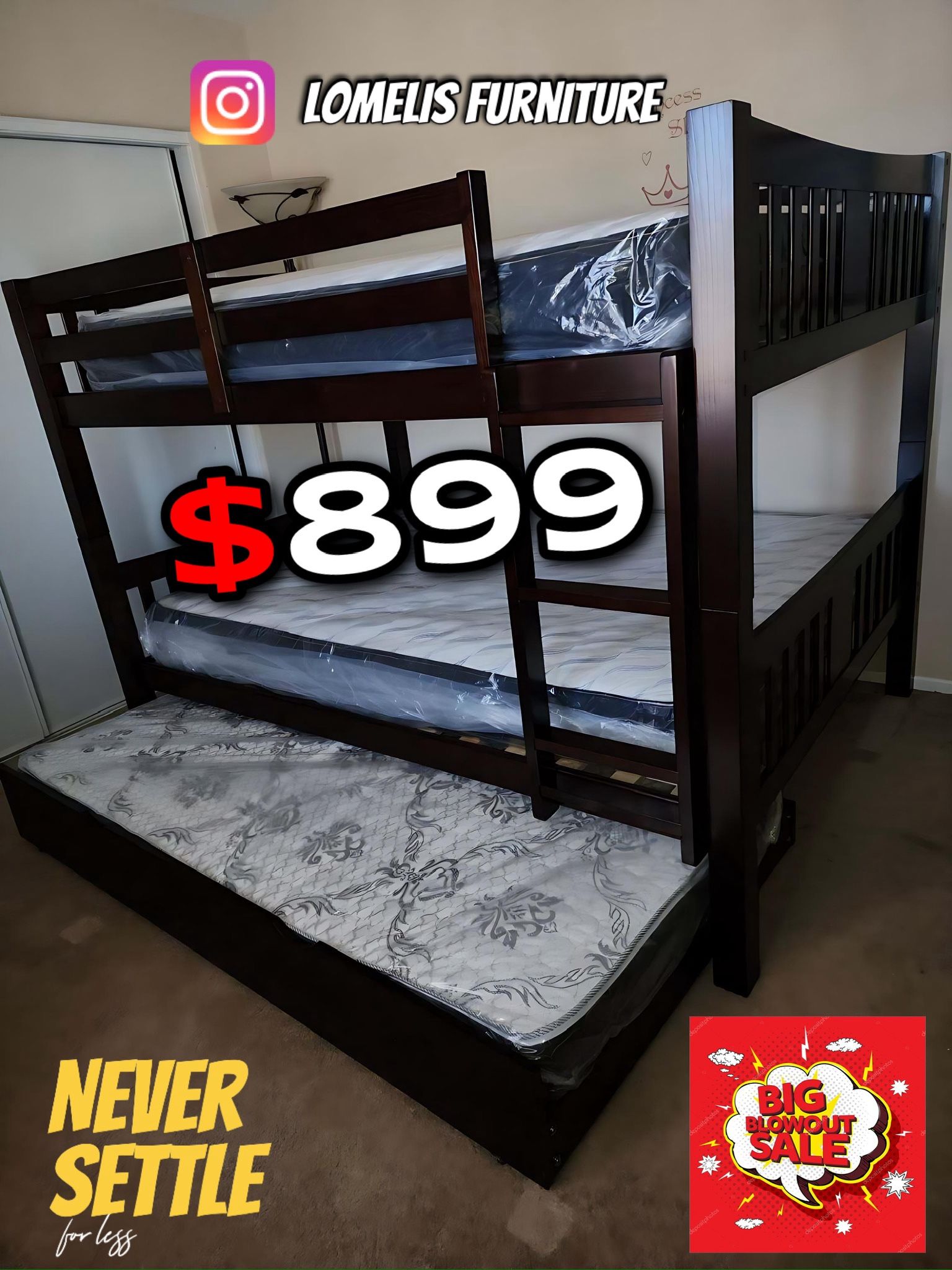 Full/Full/Twin Expresso Wooden Bunkbed w. Ortho Mattresses Included