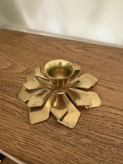 Vintage Brass Lotus Flower Candlestick Holder Gold