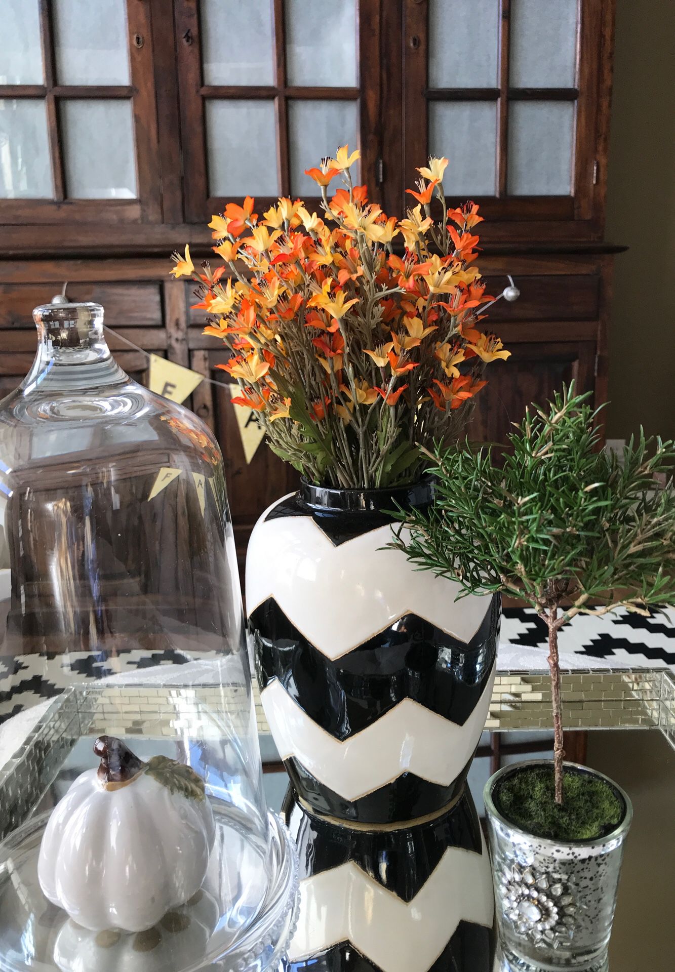 Fall decor, Black and White Vase with Flowers